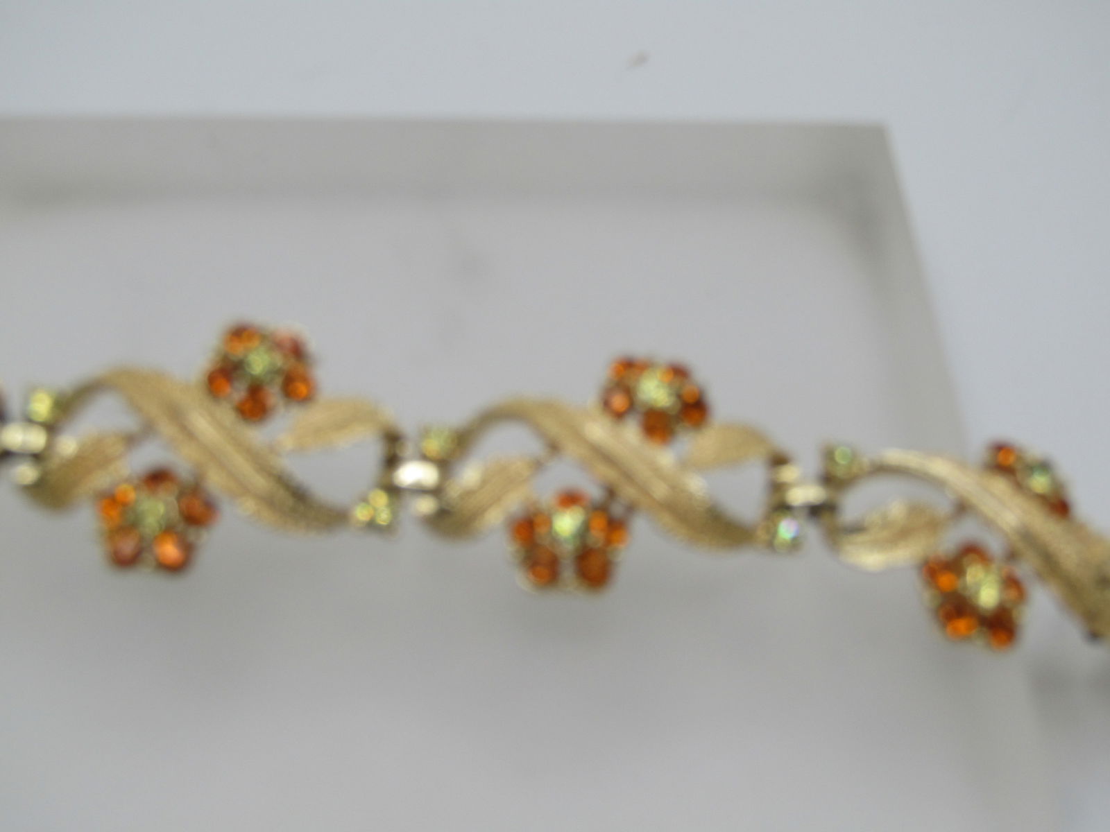 Vintage Coro Rhinestone Floral Bracelet, Leaves, 7", Safety Chain, 1950's-1960's - 3