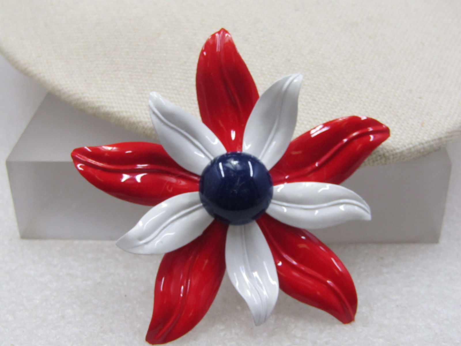 Vintage Enameled Blossom Brooch, Red, Black, White, 2.75", 1960's - 2