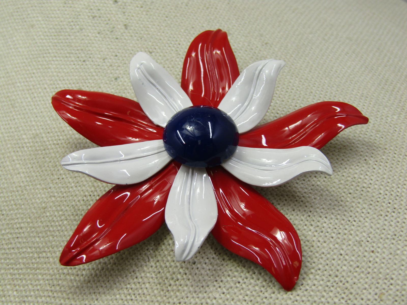 Vintage Enameled Blossom Brooch, Red, Black, White, 2.75", 1960's - 4