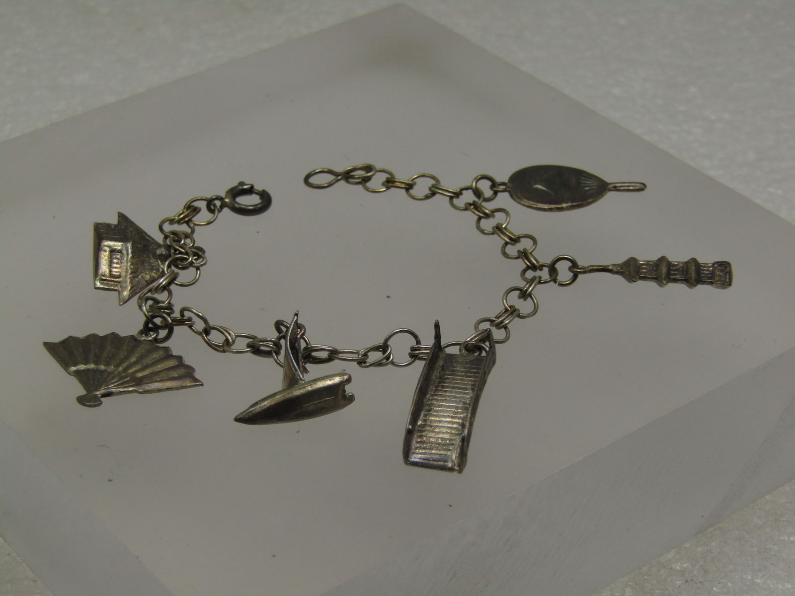 Vintage Sterling Japanese Charm Bracelet, 1950's, Original Box 6" - 2