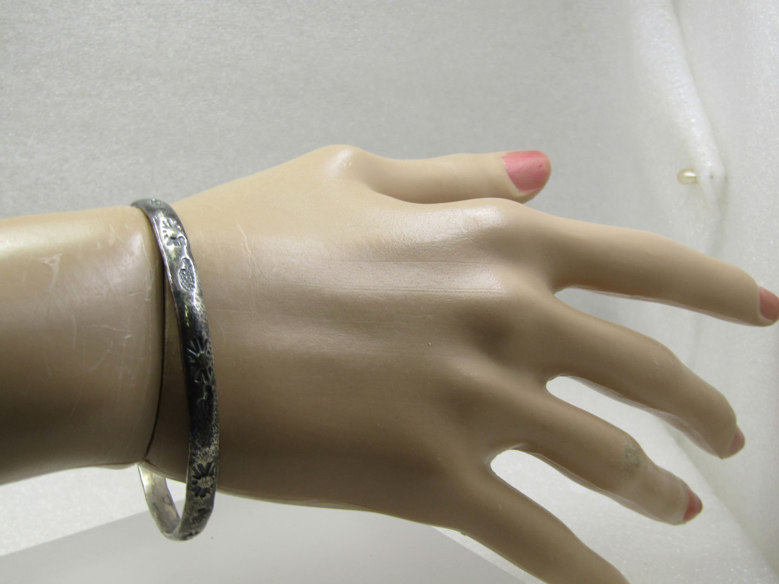 Vintage Stamped Mexican Bangle Bracelet, 8", Silver Tone - 7