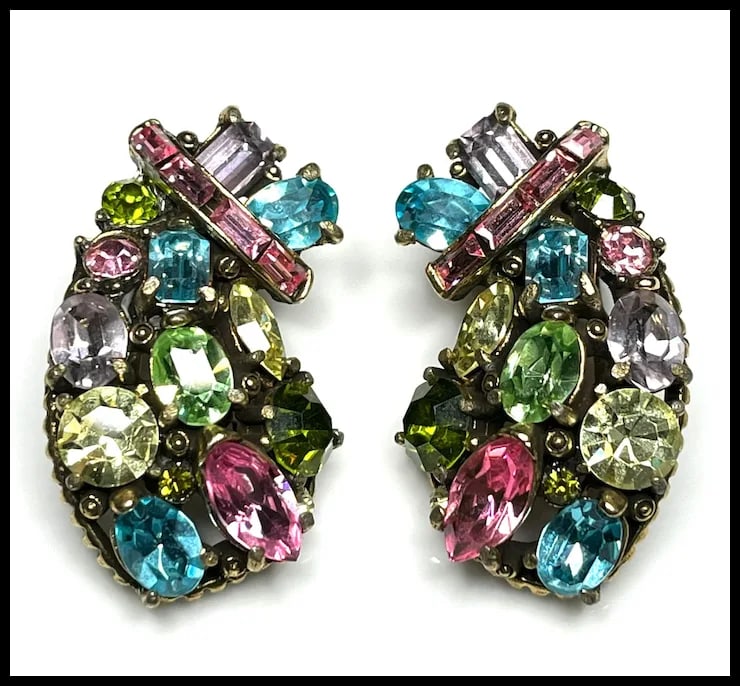 Vintage Hollycraft 1955 Pastel Rhinestone Statement Earrings - 2