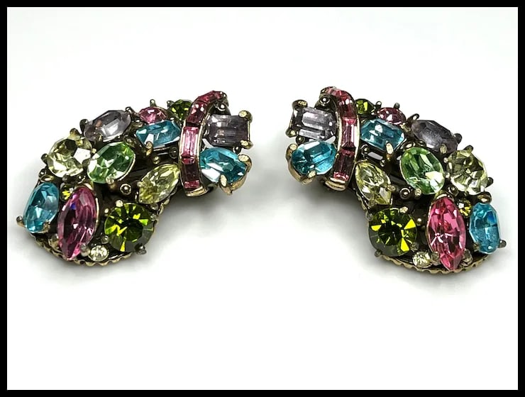 Vintage Hollycraft 1955 Pastel Rhinestone Statement Earrings - 3