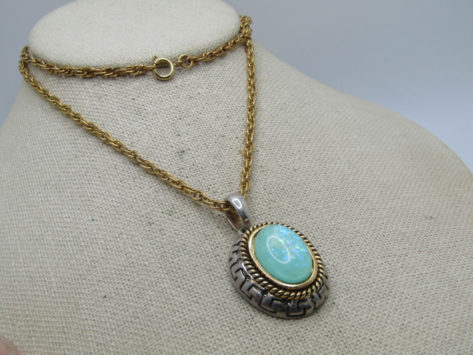 Vintage Faux Opal Necklace, 24", Two-Tone, 1960's-1990's - 3