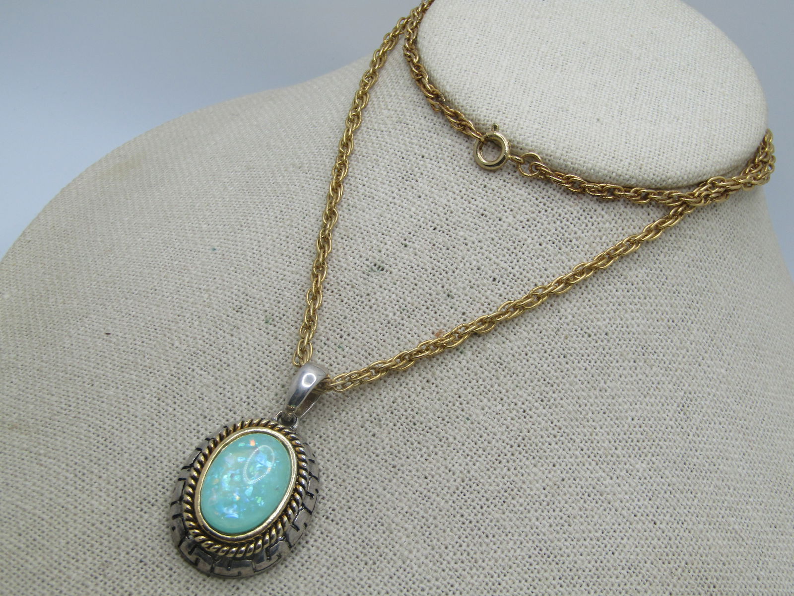 Vintage Faux Opal Necklace, 24", Two-Tone, 1960's-1990's - 4