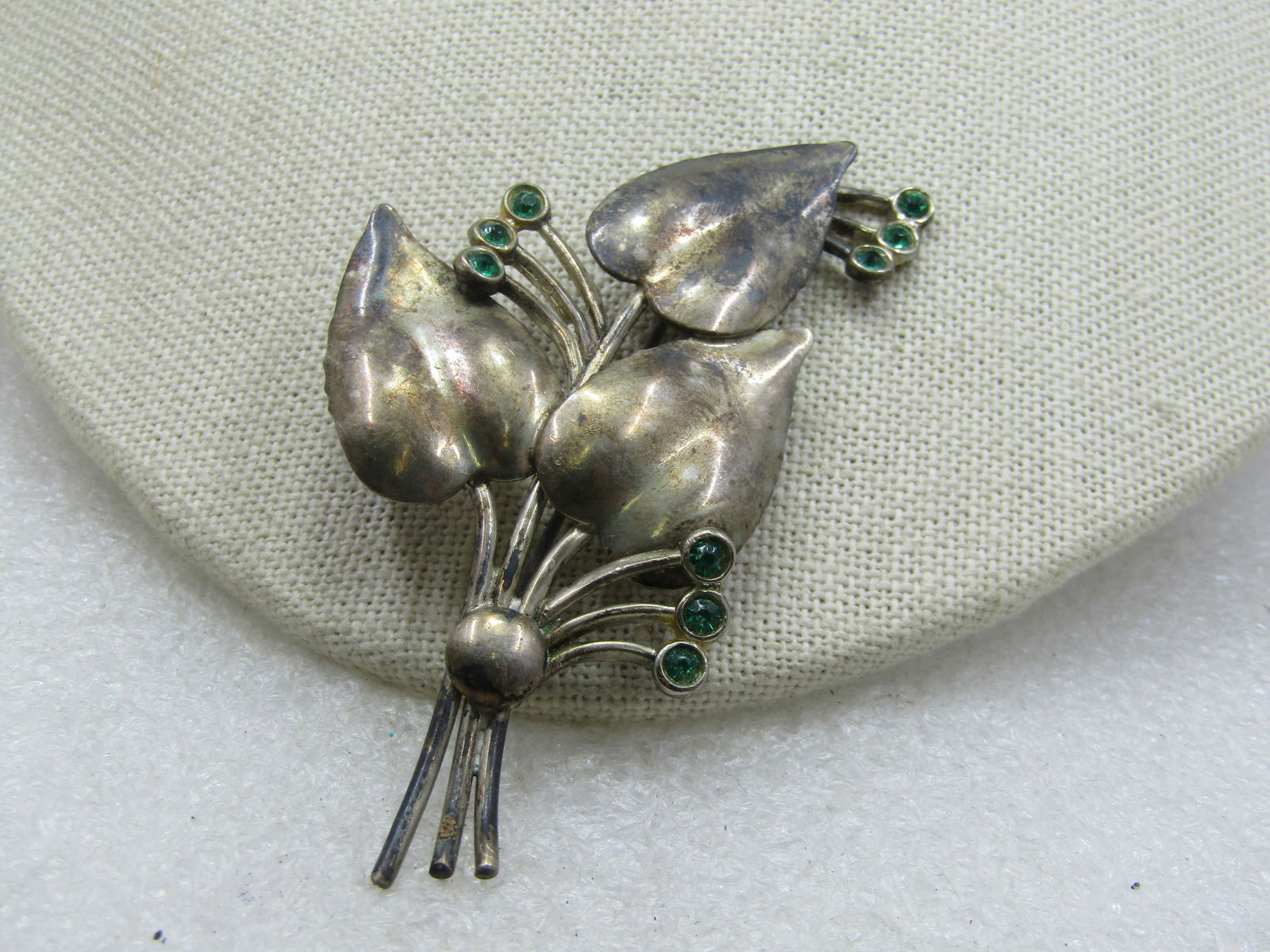 Vintage Sterling Leaf Stem & Rhinestone Brooch, 1940's, 3" - 2