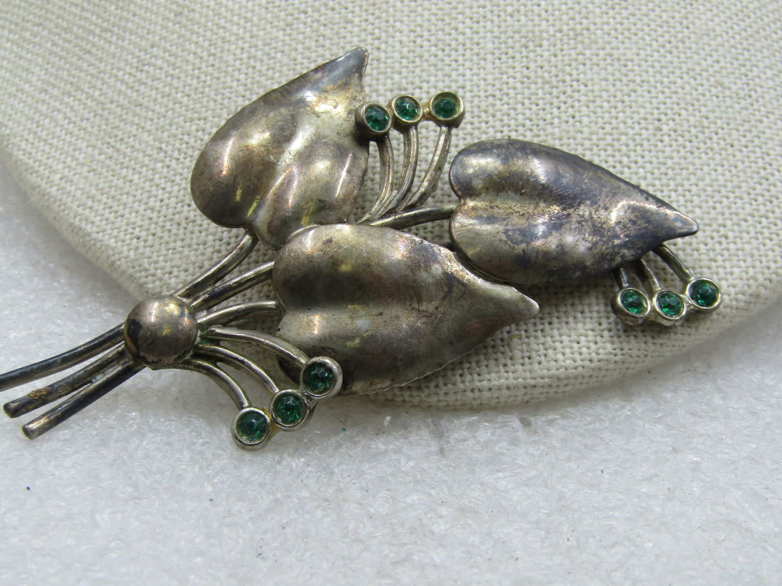 Vintage Sterling Leaf Stem & Rhinestone Brooch, 1940's, 3" - 3