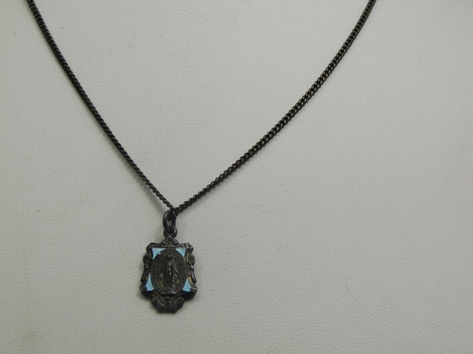 Vintage Sterling Guilloche Blessed Mother Necklace, 1940's-1950's. 18" (1 of 8)