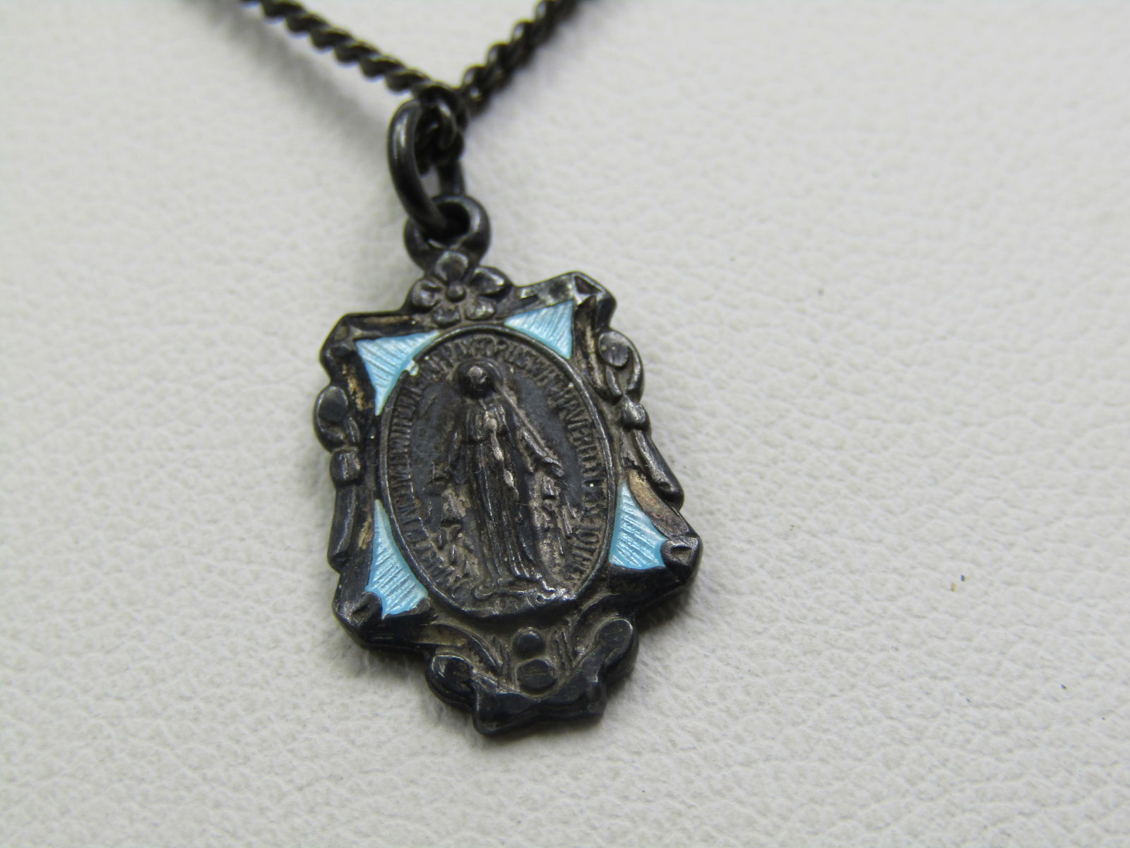Vintage Sterling Guilloche Blessed Mother Necklace, 1940's-1950's. 18" - 2