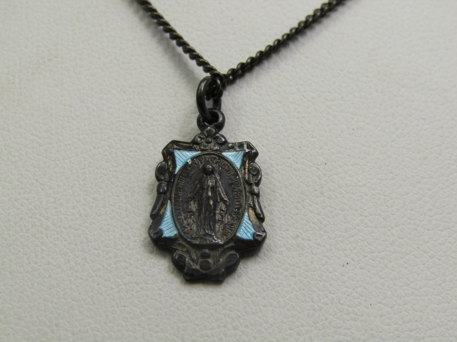 Vintage Sterling Guilloche Blessed Mother Necklace, 1940's-1950's. 18" - 3