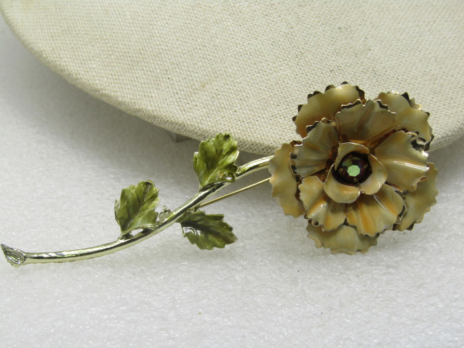 Vintage Enameled Tall Carnation Brooch, AB Rhinestone, 4.5" - 2