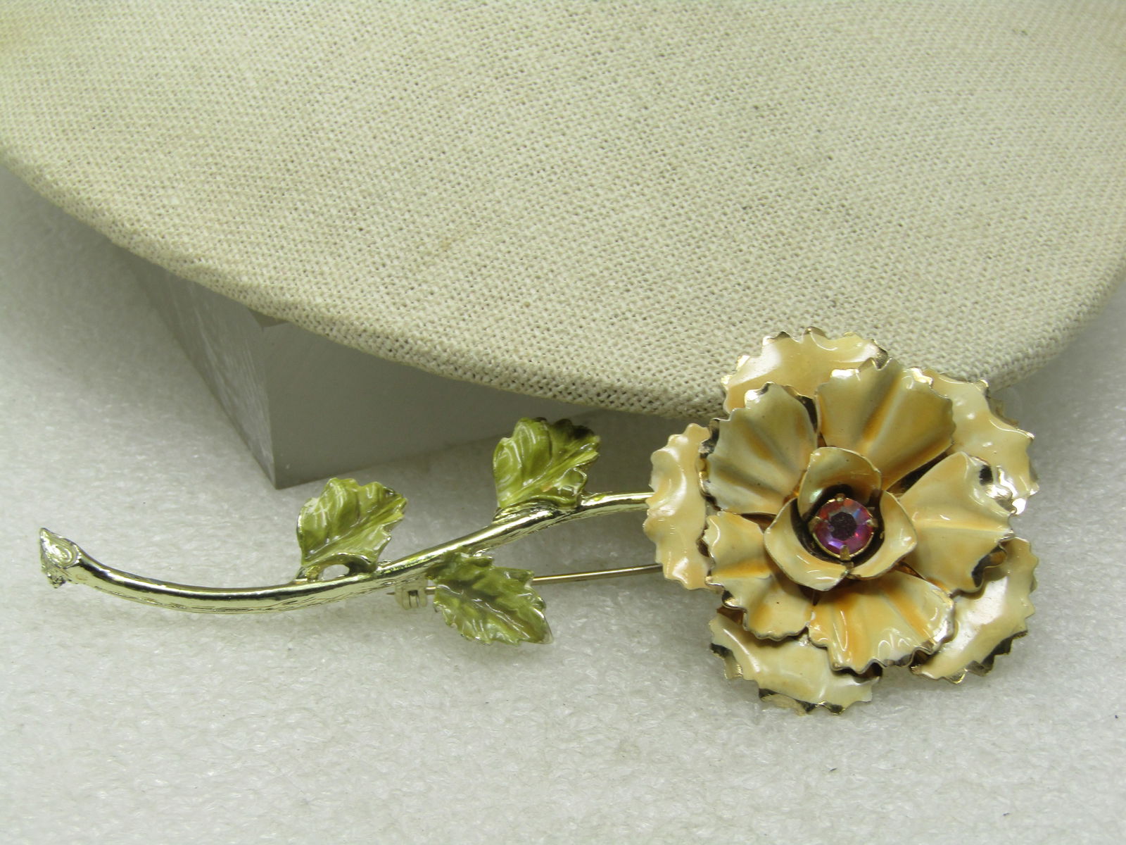 Vintage Enameled Tall Carnation Brooch, AB Rhinestone, 4.5" - 3