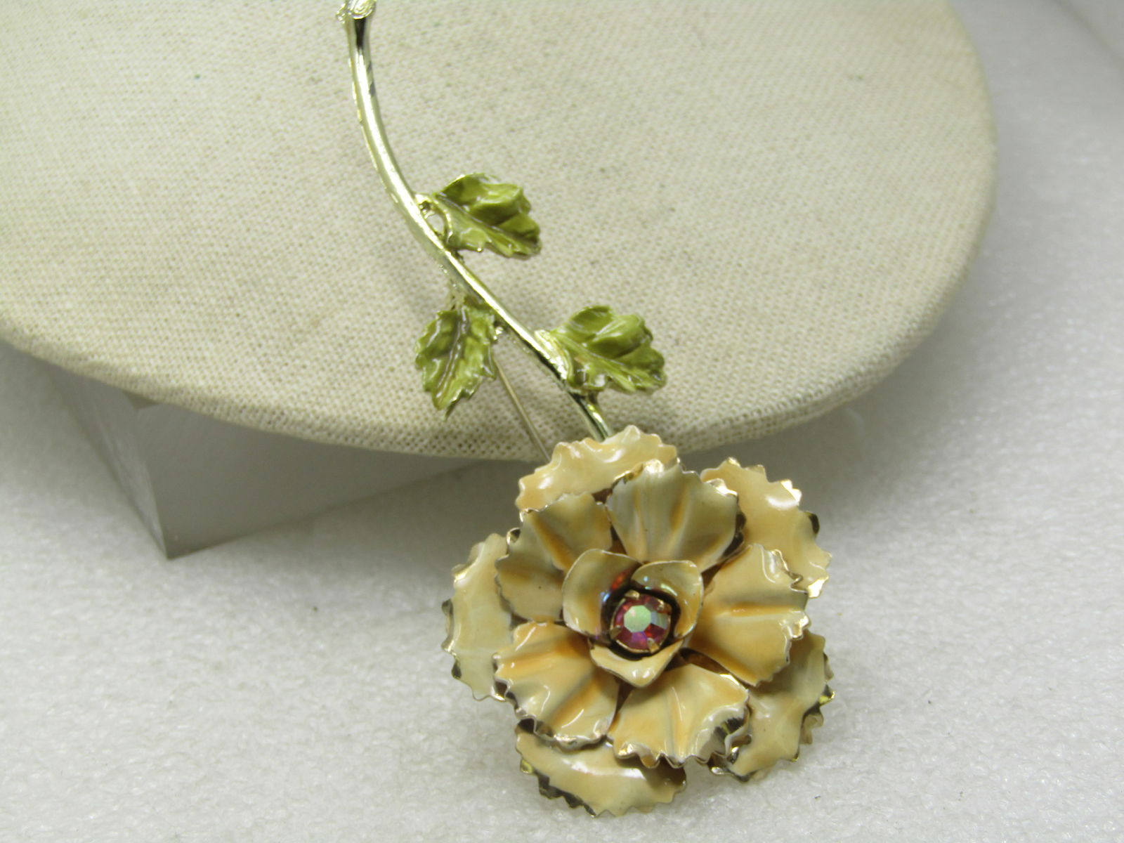 Vintage Enameled Tall Carnation Brooch, AB Rhinestone, 4.5" - 4