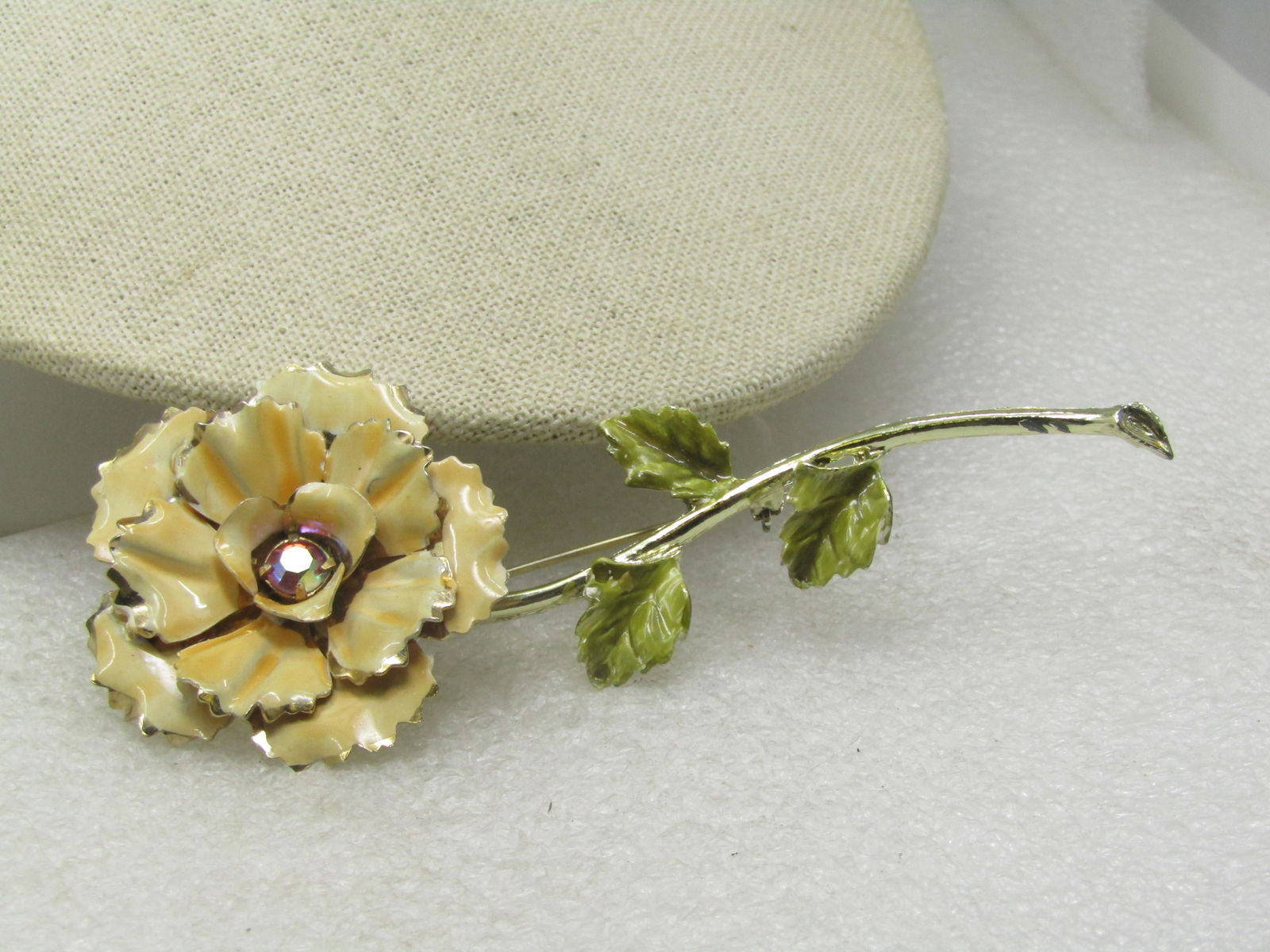 Vintage Enameled Tall Carnation Brooch, AB Rhinestone, 4.5" - 5