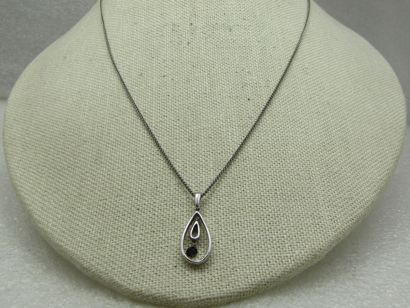 Vintage Sterling Teardrop Floating Black Diamond Necklace, 18", 1980's-1990's - 2
