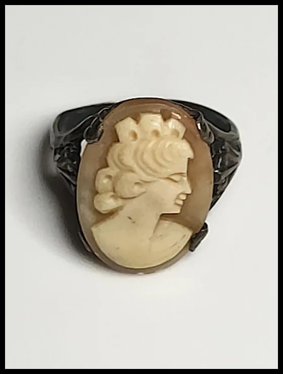 Vintage Hand-Carved Shell Cameo Pendant Ring Hllmarked STER - 2