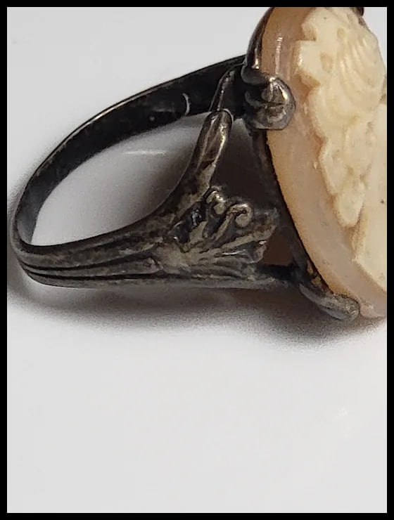 Vintage Hand-Carved Shell Cameo Pendant Ring Hllmarked STER - 4
