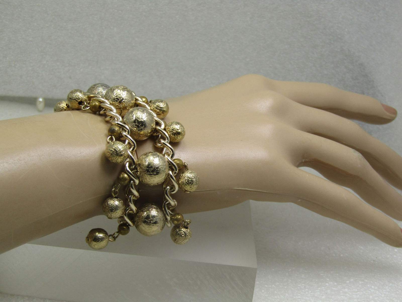 Vintage Beaded & Dangle Wide Bracelet, 7.5", Gold Tone - 4