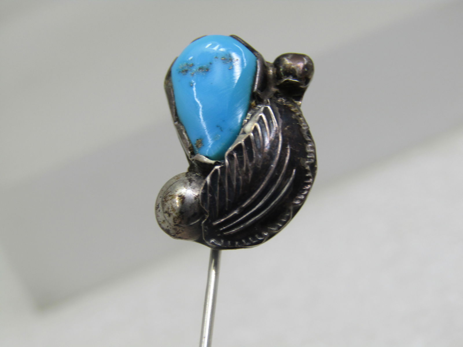 Vintage Sterling Southwestern Turquoise Stick Pin, 2.75", Safety Cap - 2