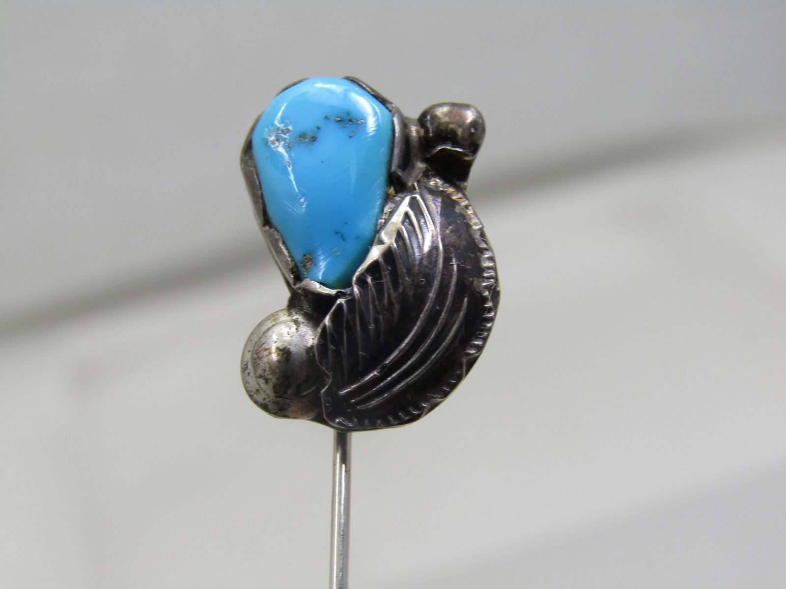 Vintage Sterling Southwestern Turquoise Stick Pin, 2.75", Safety Cap - 3