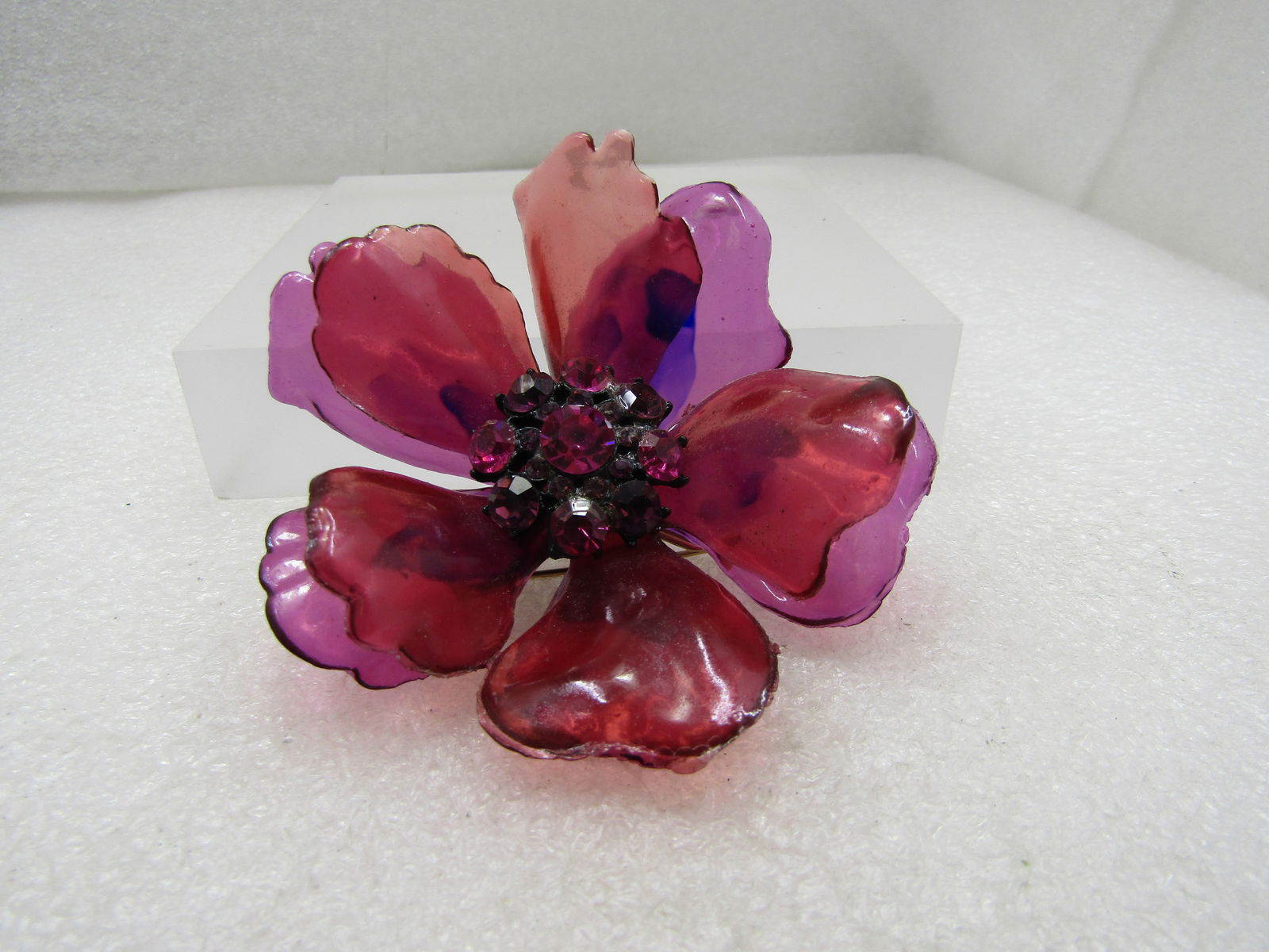 Vintage Large Purple/Pink Lucite Blossom Brooch. Rhinestones, Tiered, 1940's (1 of 7)