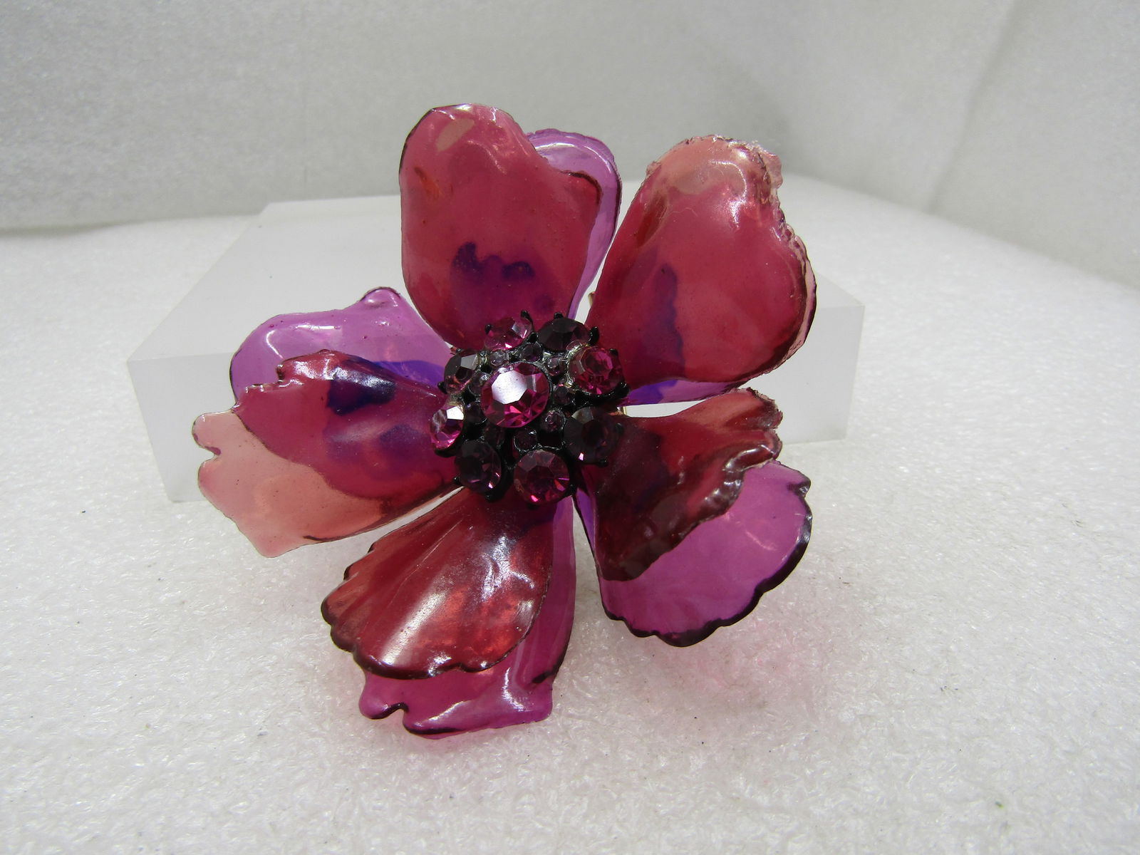Vintage Large Purple/Pink Lucite Blossom Brooch. Rhinestones, Tiered, 1940's - 3
