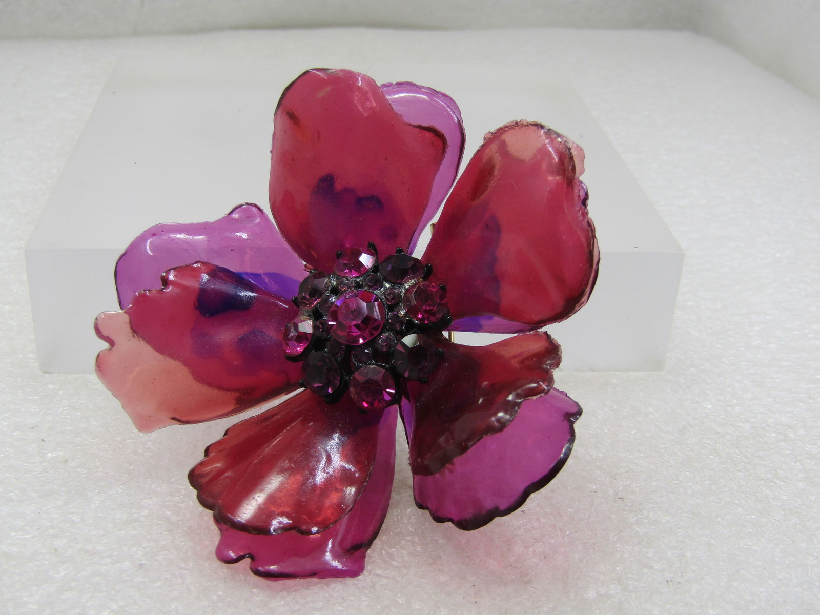 Vintage Large Purple/Pink Lucite Blossom Brooch. Rhinestones, Tiered, 1940's - 4