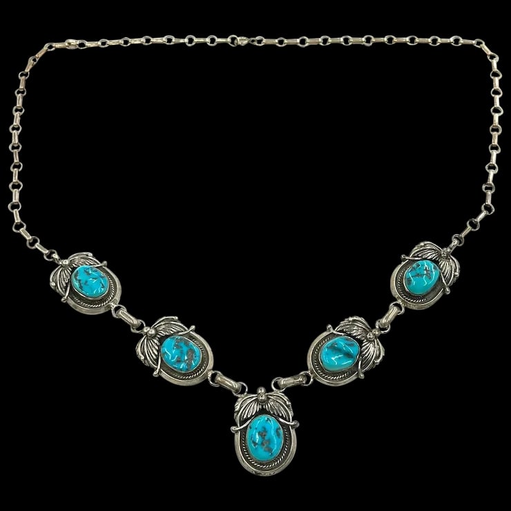 Vintage Signed MP Sterling Silver Native American Navajo Turquoise Necklace- Dated and Signed (1 of 10)