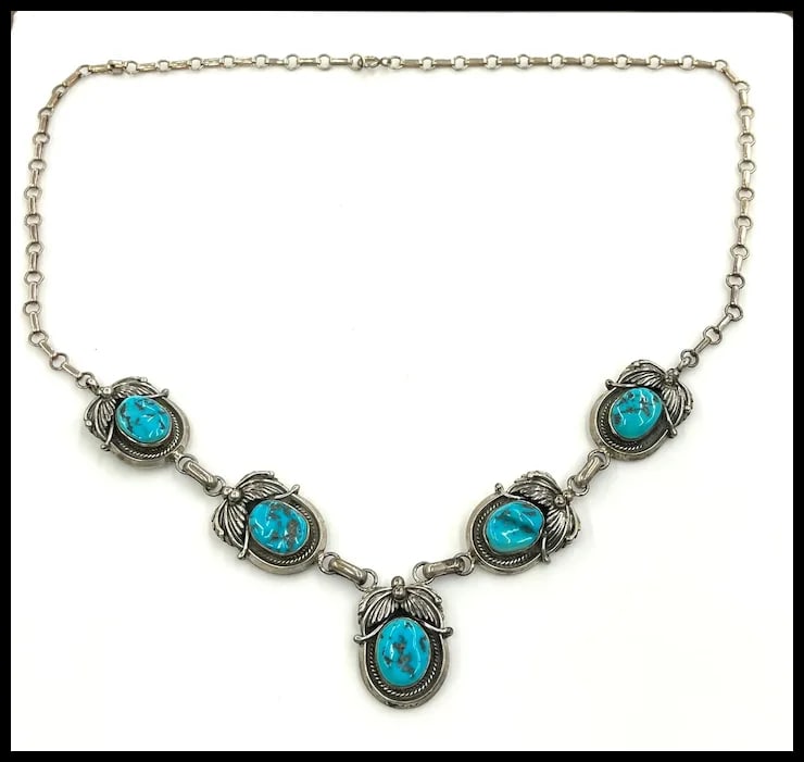 Vintage Signed MP Sterling Silver Native American Navajo Turquoise Necklace- Dated and Signed - 2