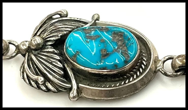Vintage Signed MP Sterling Silver Native American Navajo Turquoise Necklace- Dated and Signed - 4