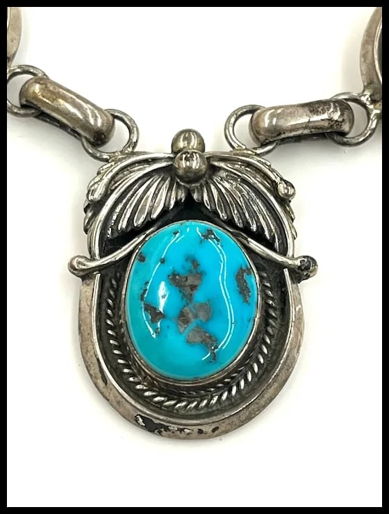 Vintage Signed MP Sterling Silver Native American Navajo Turquoise Necklace- Dated and Signed - 5