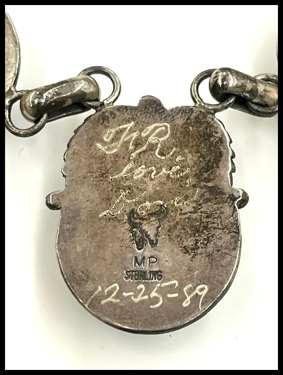 Vintage Signed MP Sterling Silver Native American Navajo Turquoise Necklace- Dated and Signed - 6