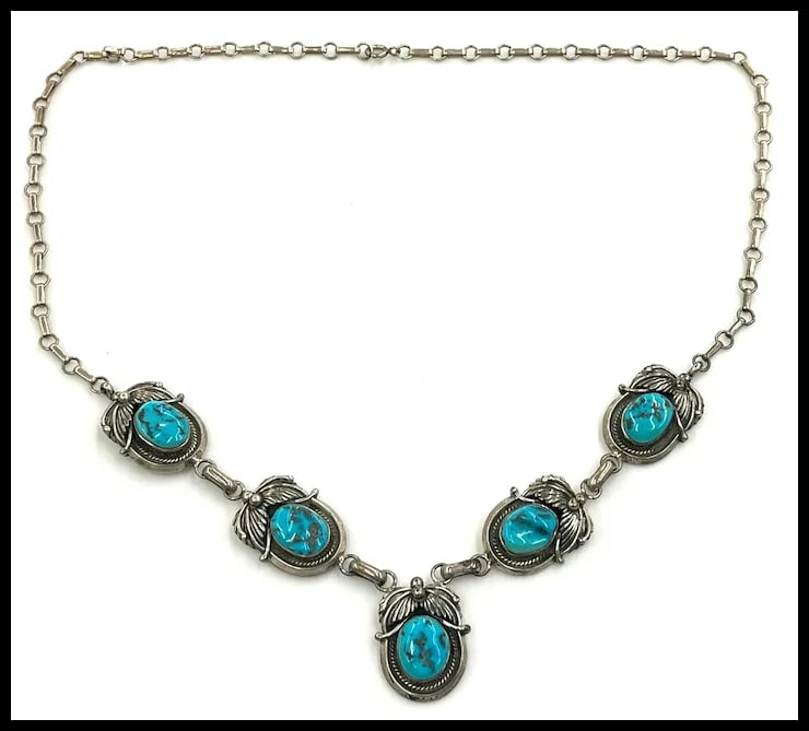 Vintage Signed MP Sterling Silver Native American Navajo Turquoise Necklace- Dated and Signed - 7