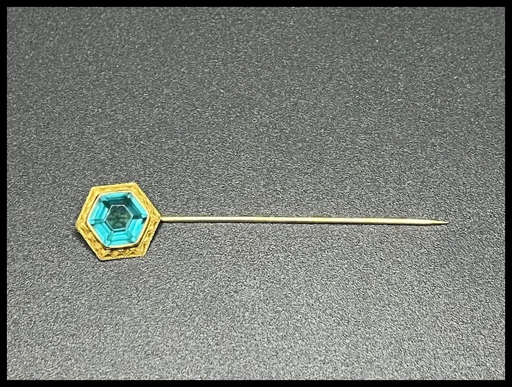 Vintage 10k Gold Blue Cut Glass Hexagon Stickpin - 2