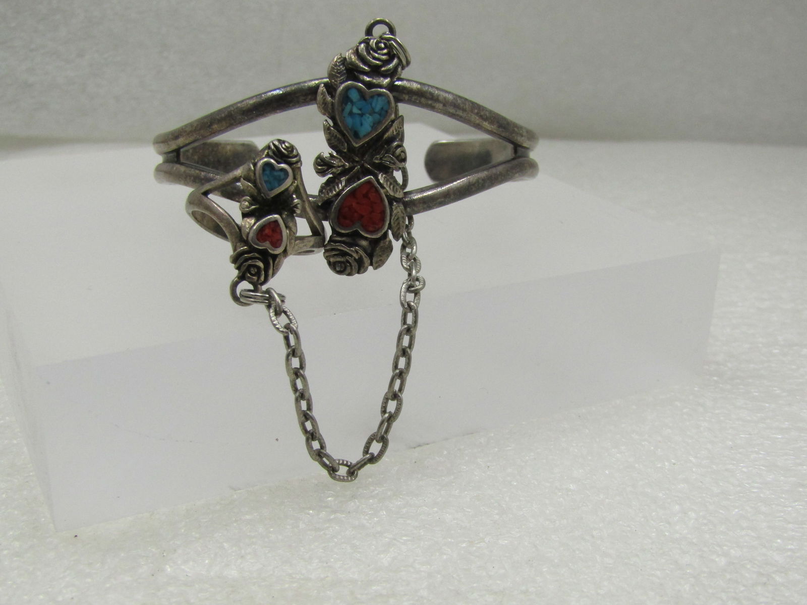 Vintage Southwestern Turquoise Coral Chip Cuff Bracelet & Attached Ring, 1988 - 2