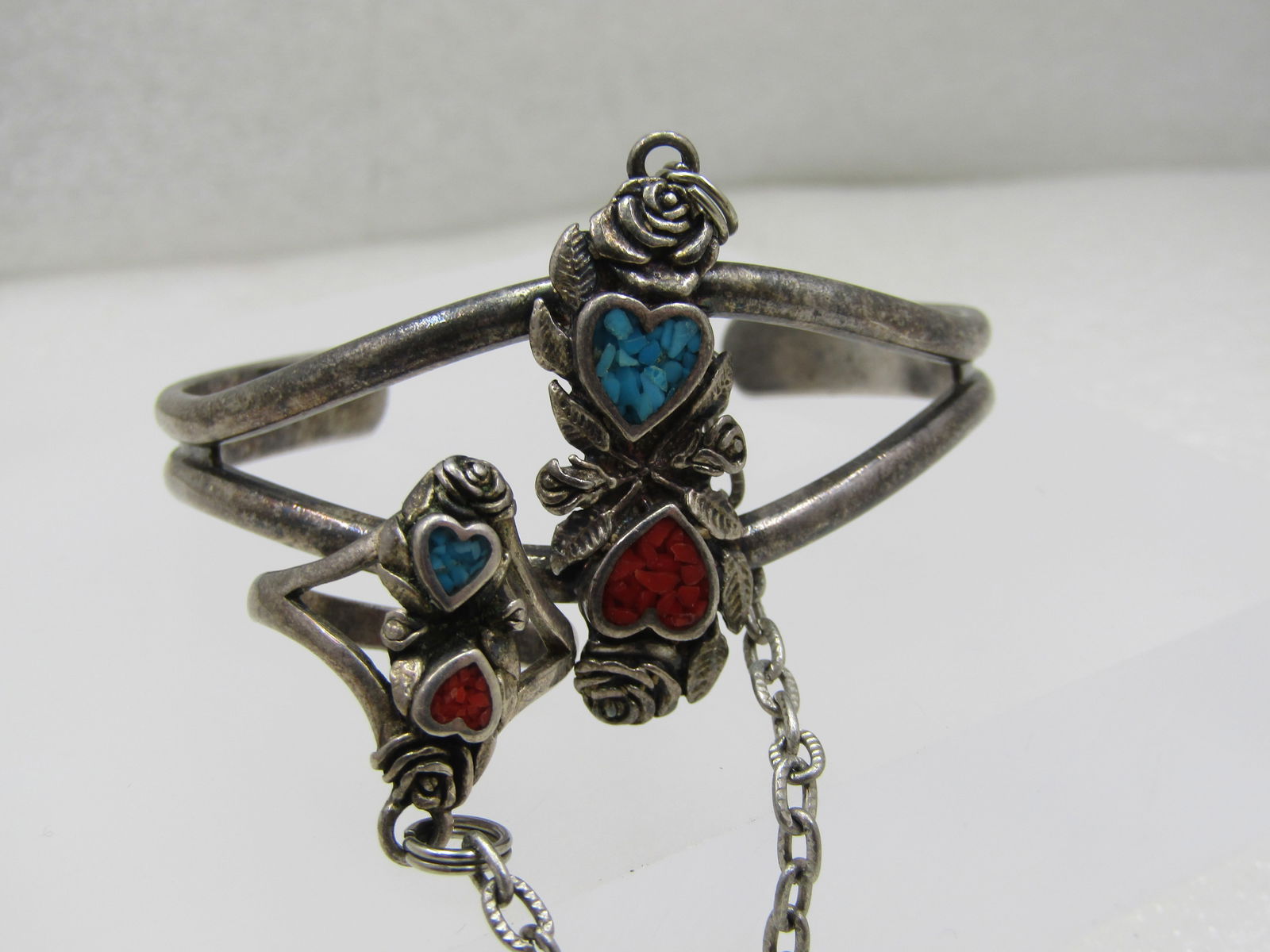 Vintage Southwestern Turquoise Coral Chip Cuff Bracelet & Attached Ring, 1988 - 3