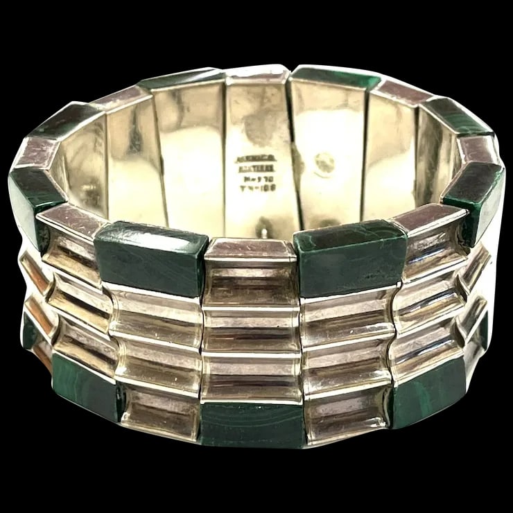 Heavy Vintage Monteros Mexico Sterling Silver & Malachite Bracelet (1 of 9)