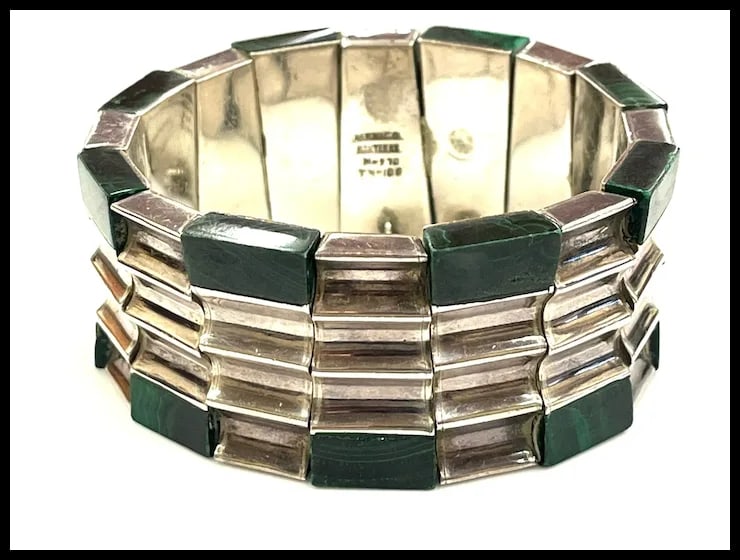 Heavy Vintage Monteros Mexico Sterling Silver & Malachite Bracelet - 2