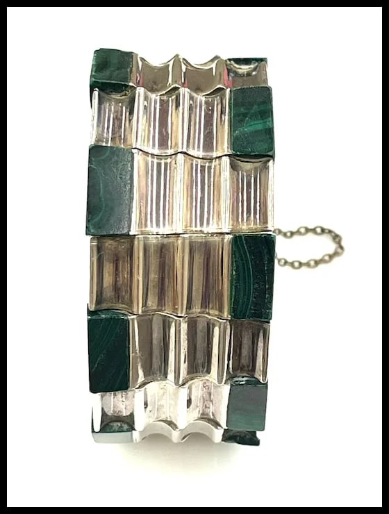 Heavy Vintage Monteros Mexico Sterling Silver & Malachite Bracelet - 3