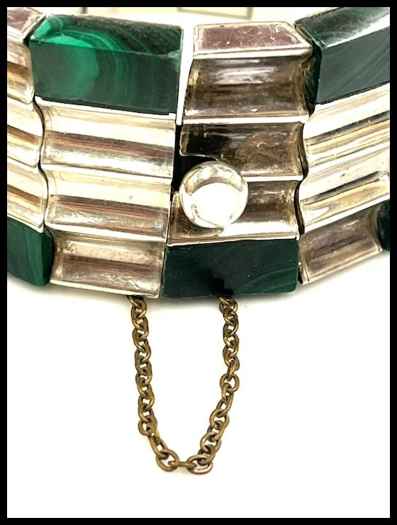 Heavy Vintage Monteros Mexico Sterling Silver & Malachite Bracelet - 4