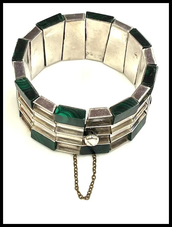 Heavy Vintage Monteros Mexico Sterling Silver & Malachite Bracelet - 5