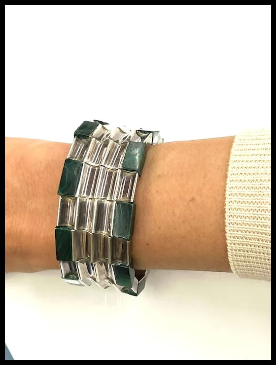 Heavy Vintage Monteros Mexico Sterling Silver & Malachite Bracelet - 7