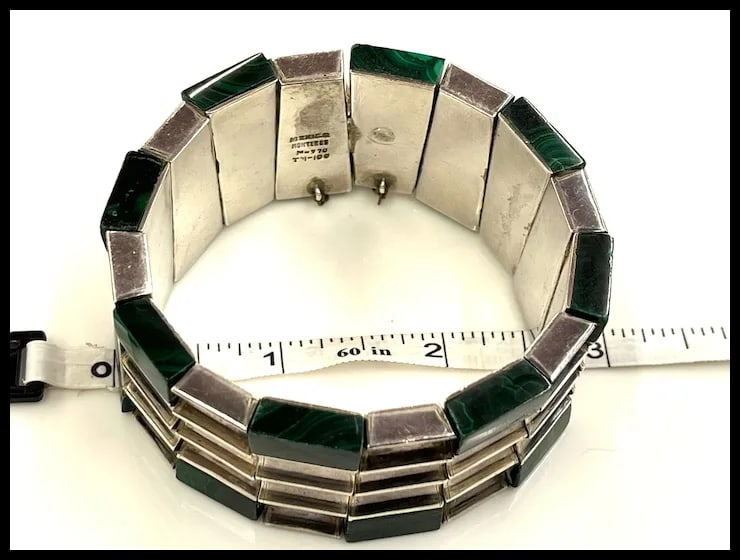 Heavy Vintage Monteros Mexico Sterling Silver & Malachite Bracelet - 8