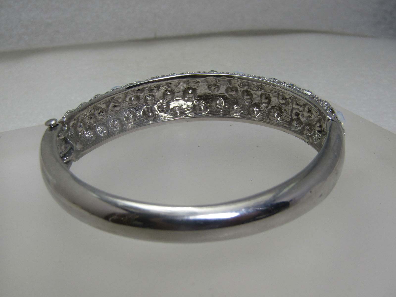Rhinestone Hinged Bangle Bracelet, 7.25", Silver Tone - 2