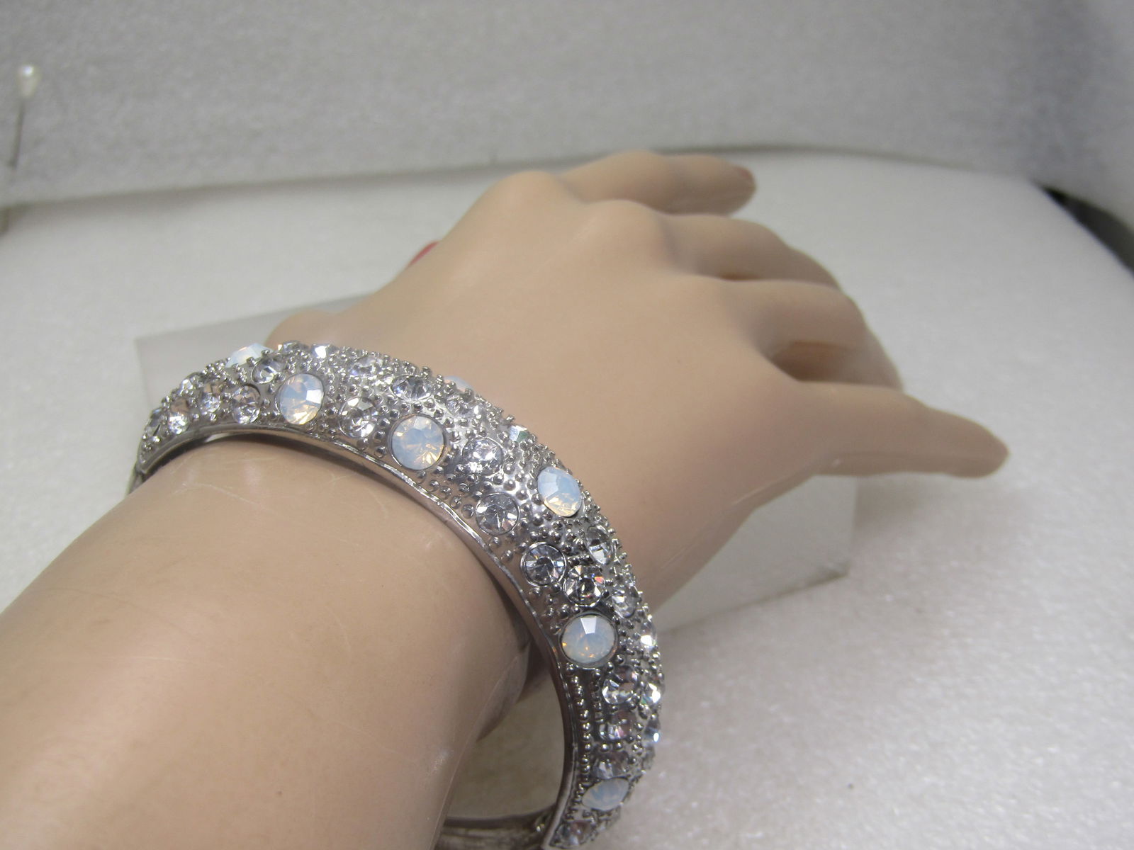 Rhinestone Hinged Bangle Bracelet, 7.25", Silver Tone - 4