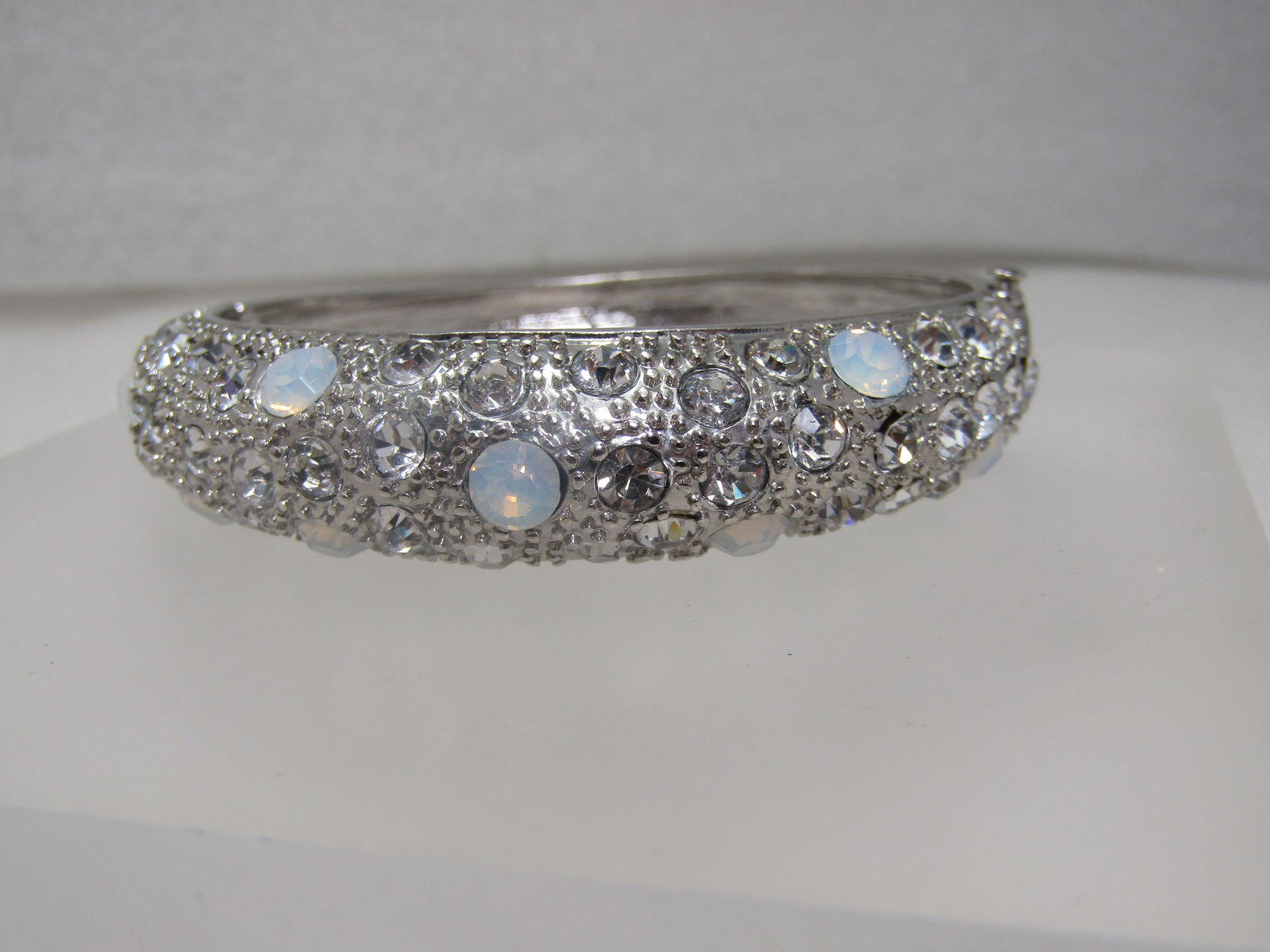 Rhinestone Hinged Bangle Bracelet, 7.25", Silver Tone - 5