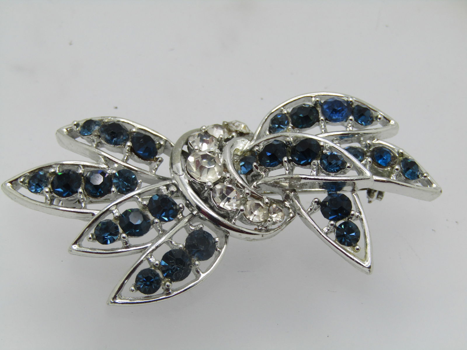 Vintage Blue & Clear Rhinestone Swag Brooch, 2.5" (1 of 6)
