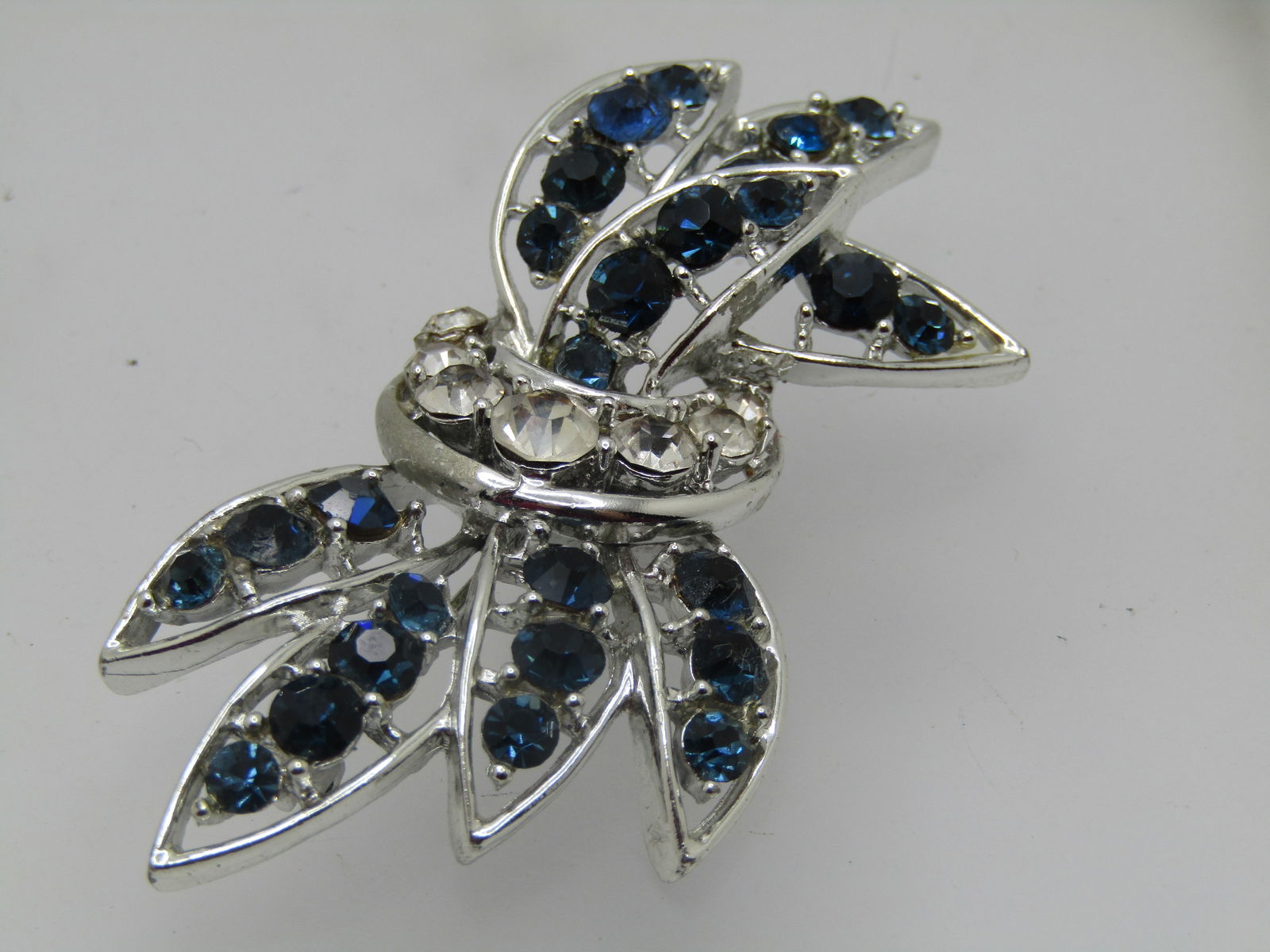 Vintage Blue & Clear Rhinestone Swag Brooch, 2.5" - 2