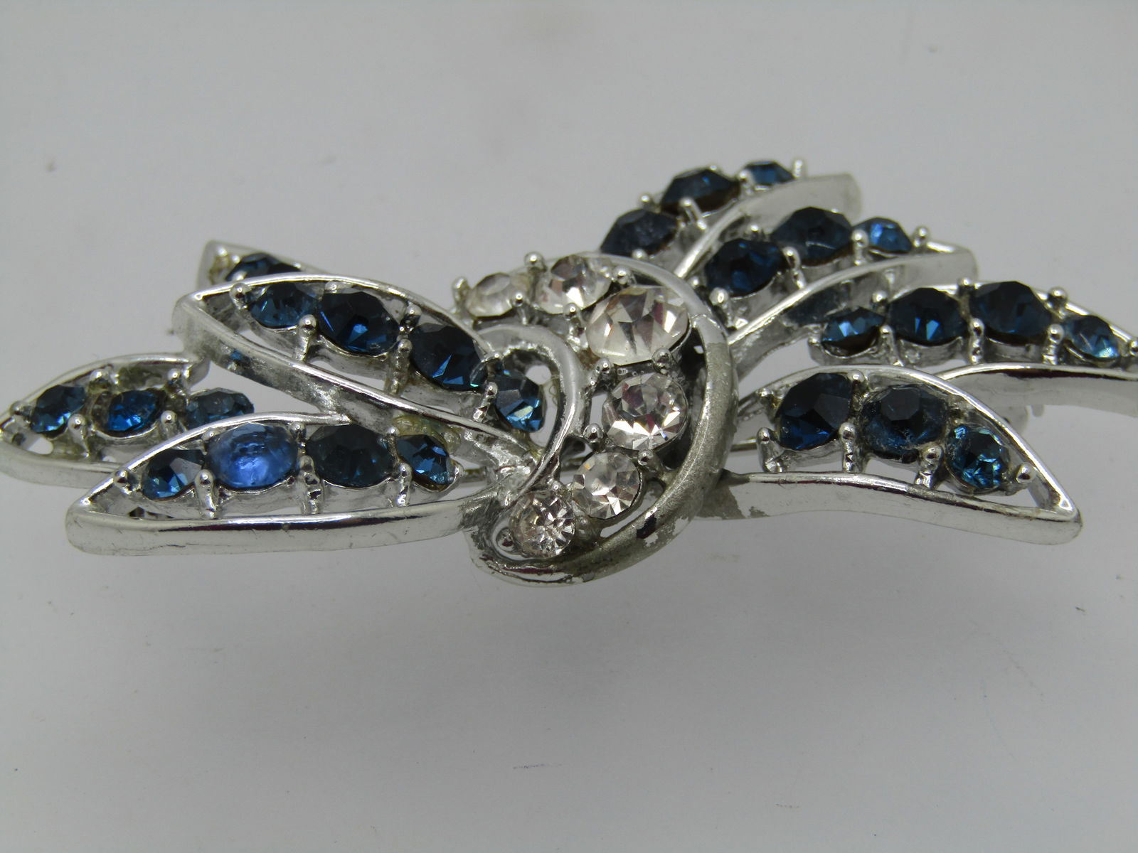 Vintage Blue & Clear Rhinestone Swag Brooch, 2.5" - 3