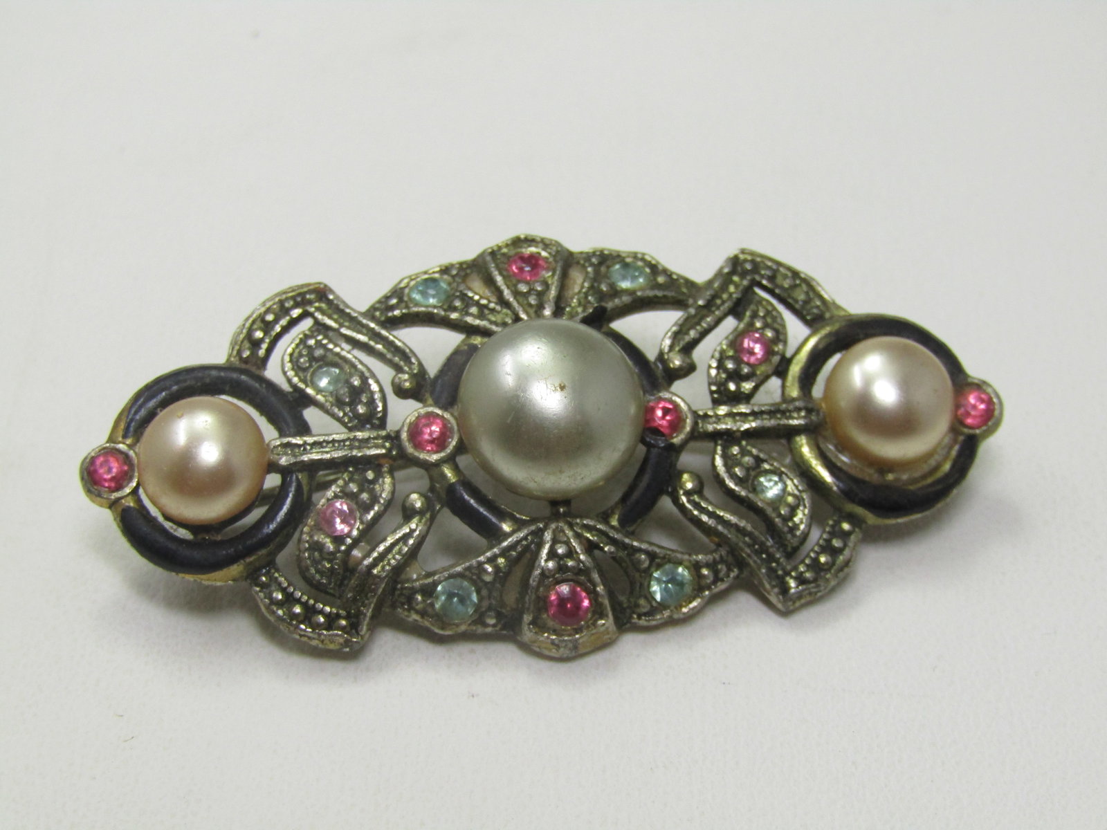 Vintage Faux Pearl & Rhinestone Brooch, C-Clasp, 1930's (1 of 5)